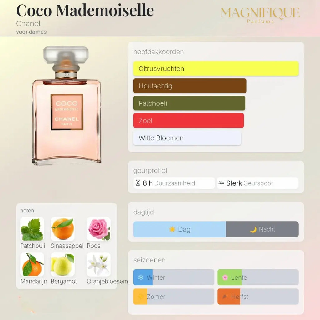 Geurprofiel Chanel Coco Mademoiselle Eau de Parfum 100ml damesparfum met sinaasappel, roos en patchouli