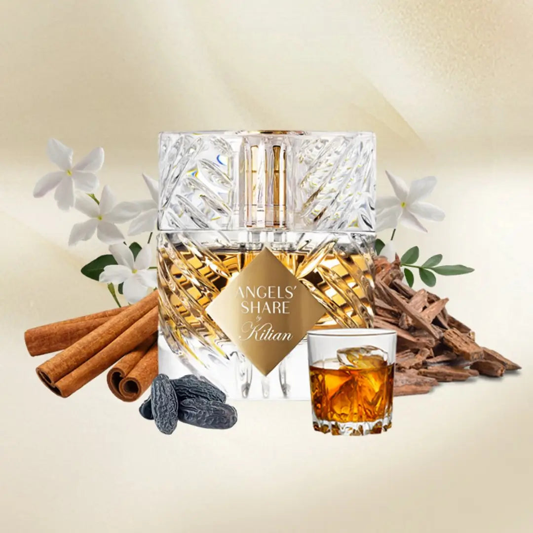 Kilian Angels' Share Eau de Parfum 50ml sfeerbeeld met kaneel, tonkabonen en een glas cognac