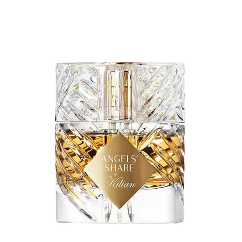 Kilian Angels' Share Eau de Parfum 50ml kristallen flacon met gouden label op witte achtergrond